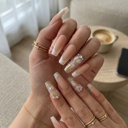 Pearl Mist – Soft Feminine Pearlescent & Gold Coffin Press-On Nails