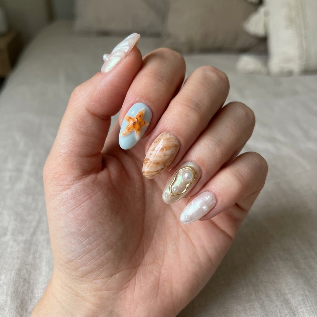 Starfish Tide – Dark Feminine Ocean Shell Short Almond Press-On Nails