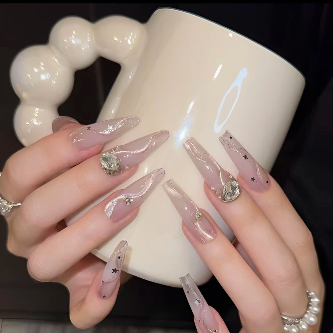 Stardust Ribbon – Silver Swirl Kristall Press-On Nails