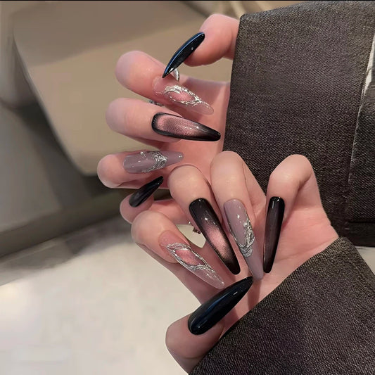 Smoky Halo – Black Cat-Eye Silver Foil Press-On Nails
