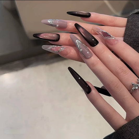 Smoky Halo – Black Cat-Eye Silver Foil Press-On Nails