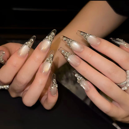 Brautkrone – Perlen-Cat-Eye Kristall Hochzeits-Press-On-Nägel