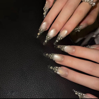 Brautkrone – Perlen-Cat-Eye Kristall Hochzeits-Press-On-Nägel