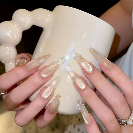 Peach Glow – Champagne Cat Eye Floral Press-On Nails