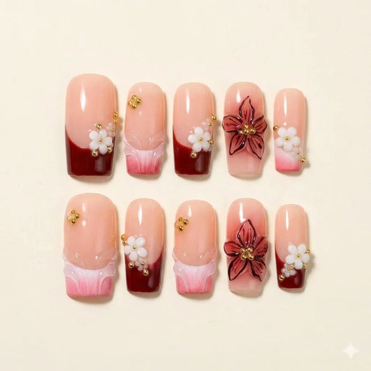 Gilded Peony - Luxury burgundy French tips with 3D flowers and gold beads.