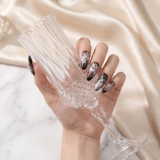 Phantom Bloom – Dark Romance Pearl Almond Press-On Nails