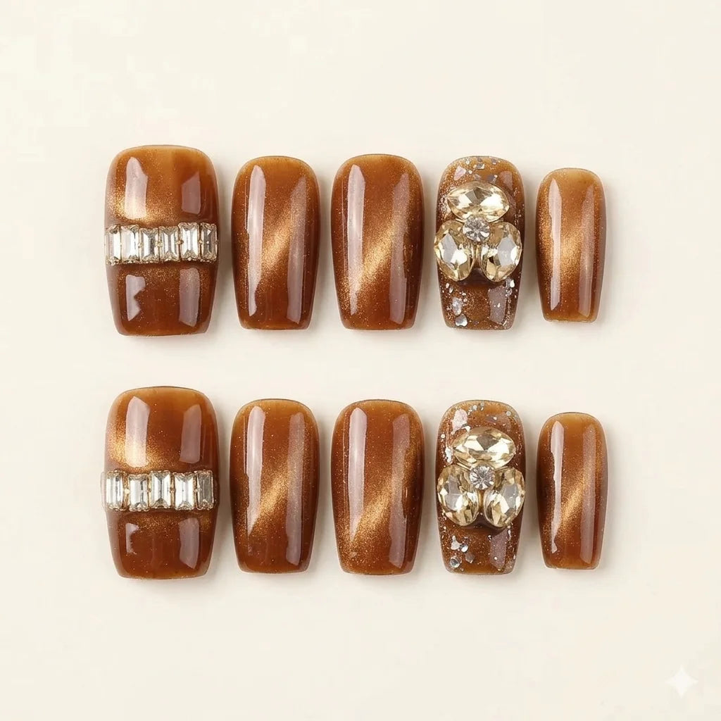Amber Cat Eye - Luxury cat-eye nails with 3D gemstones.