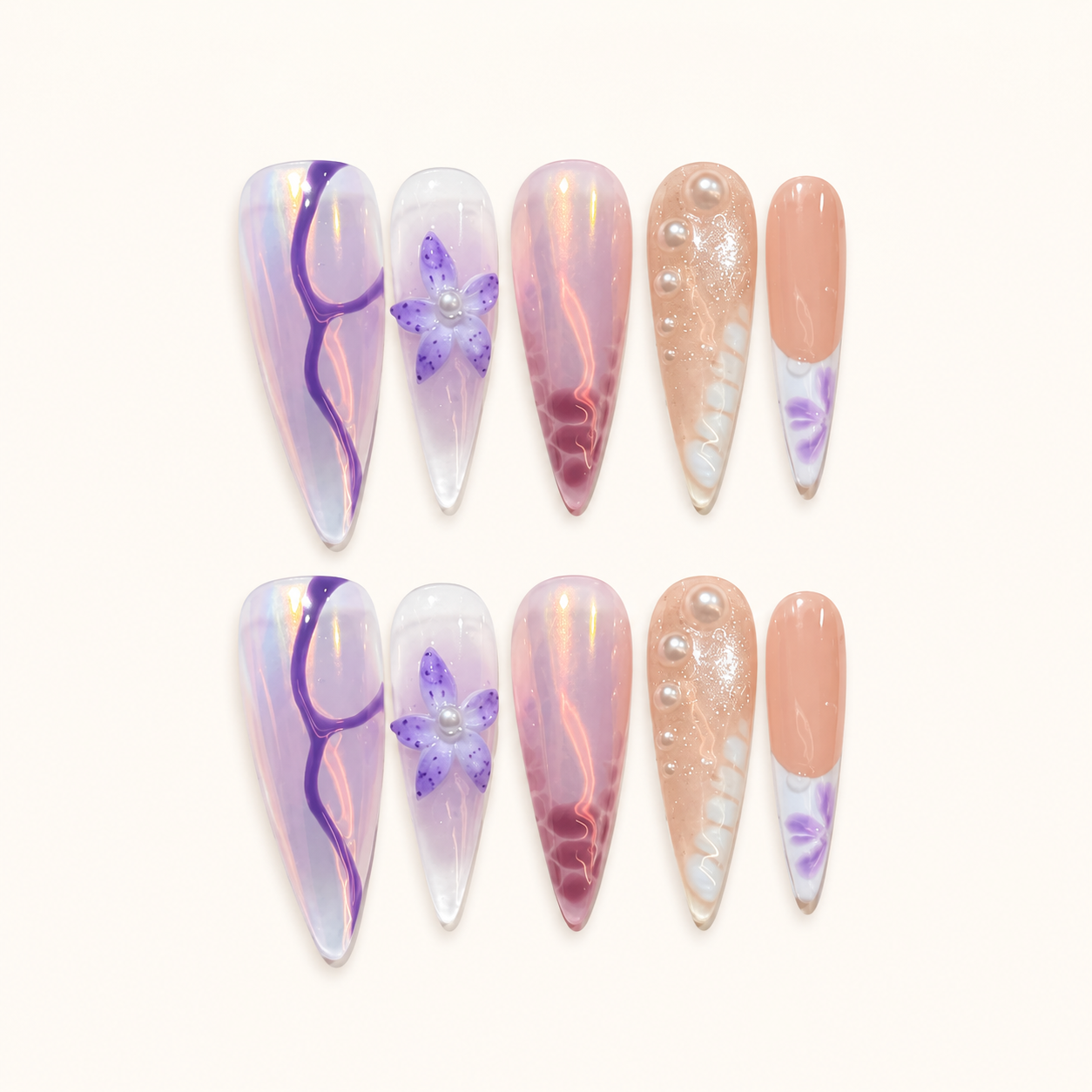 Lilac Muse – Iridescent 3D Floral Press-On Nails