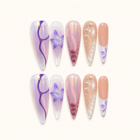 Lilac Muse – Iridescent 3D Floral Press-On Nails