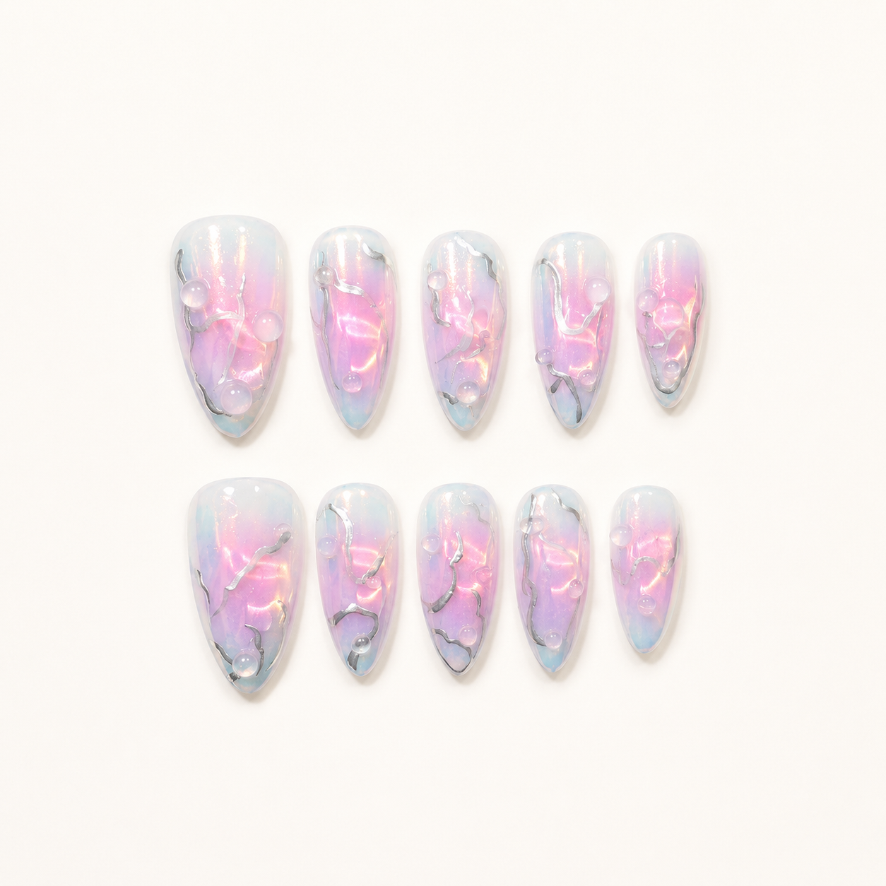 Celestial Drift – Iridescent 3D Stiletto Press-On Nails
