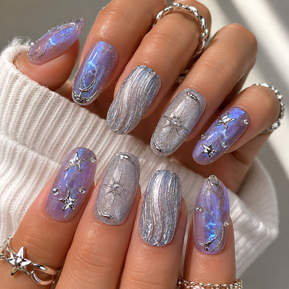 Celestial Veil – Galactic Chrome Star Press-On Nails