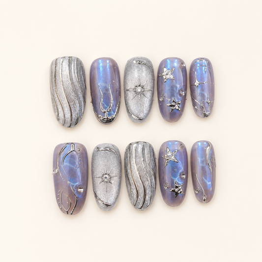 Celestial Veil – Galactic Chrome Star Press-On Nails