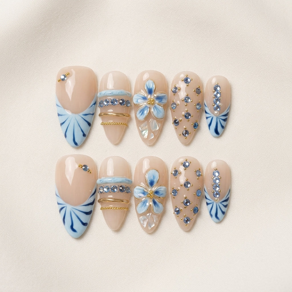 Cerulean Bloom – Soft Feminine Almond Press-On Nails