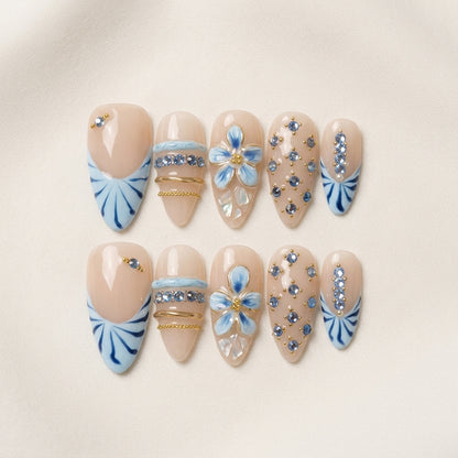 Cerulean Bloom – Soft Feminine Almond Press-On Nails