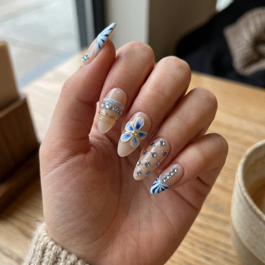 Cerulean Bloom – Soft Feminine Almond Press-On Nails