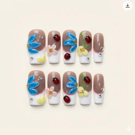 Ladybug Garden - White French nails with 3D blue flowers and ladybugs.