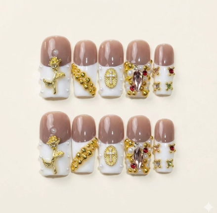 Baroque Saint - White and gold nails with 3D crosses and gold roses.