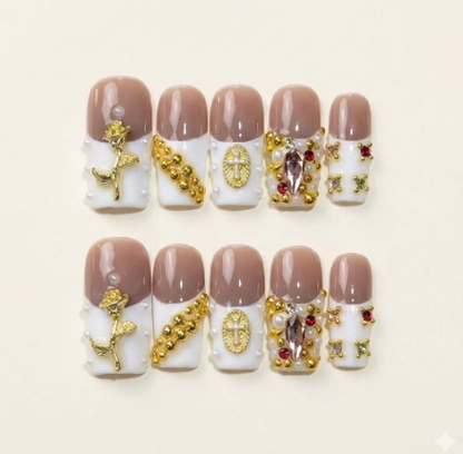 Baroque Saint - White and gold nails with 3D crosses and gold roses.
