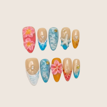 Garden Fresh - Green gradient nails with 3D water drop effects.