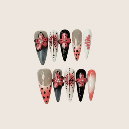Crimson Safari - Leopard print and deep red 3D floral handcrafted nails.