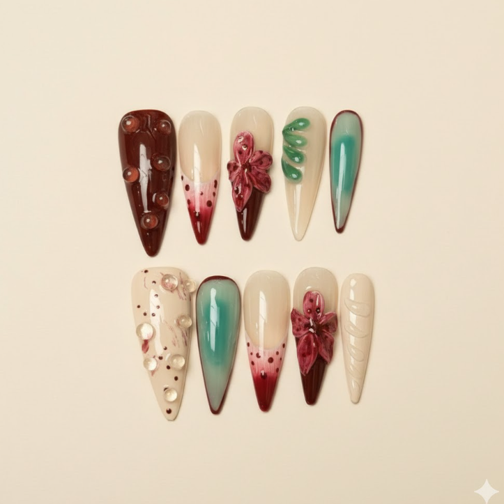 Blueberry Bliss - Soft blue French tips with 3D white cherry blossoms.