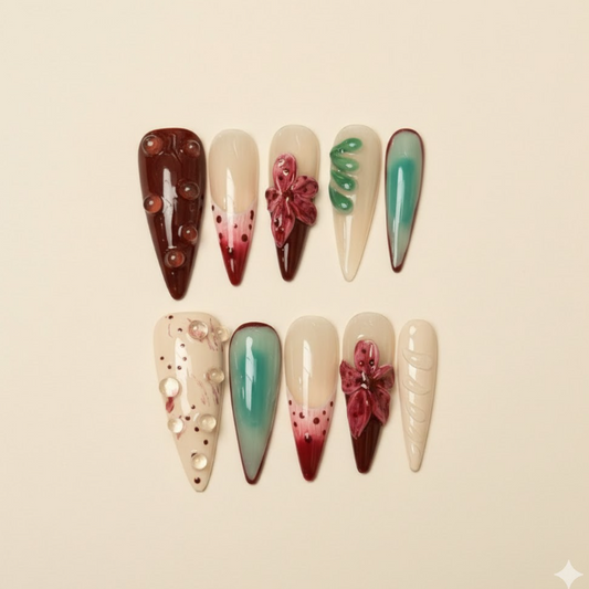 Blueberry Bliss - Soft blue French tips with 3D white cherry blossoms.