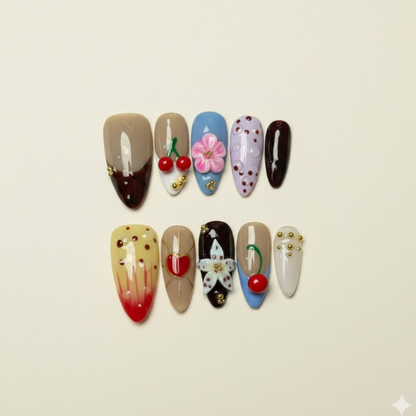 Sweetheart Pop - Playful nails with 3D cherries, hearts, and flowers.