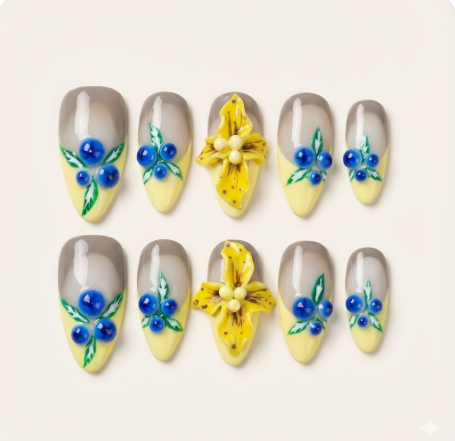 Lemon Berry - Yellow French nails with 3D blueberries and floral art.