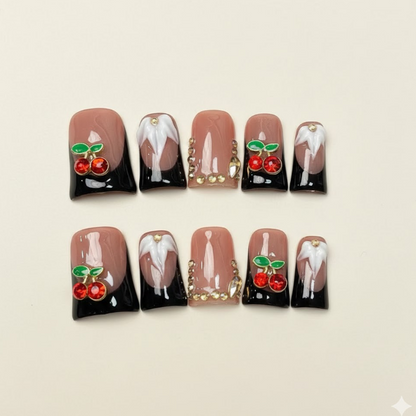 Cherry Delight - Short square black French nails with 3D red cherries.
