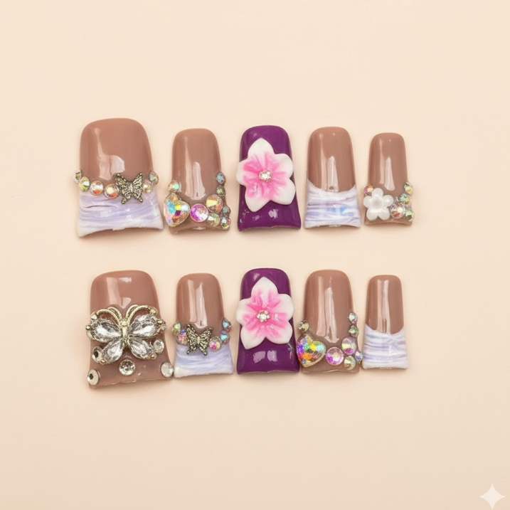 Butterfly Dream - Purple and nude nails with massive 3D crystal butterflies.