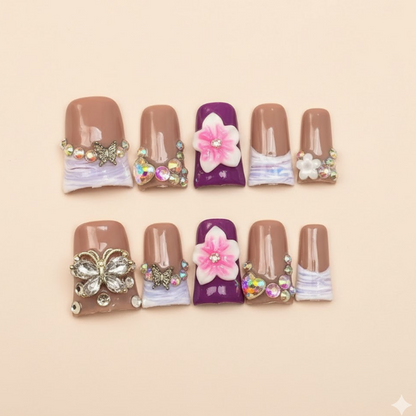 Butterfly Dream - Purple and nude nails with massive 3D crystal butterflies.