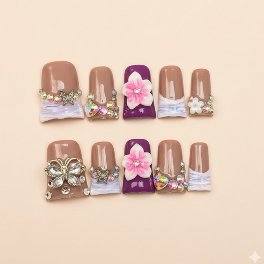 Butterfly Dream - Purple and nude nails with massive 3D crystal butterflies.