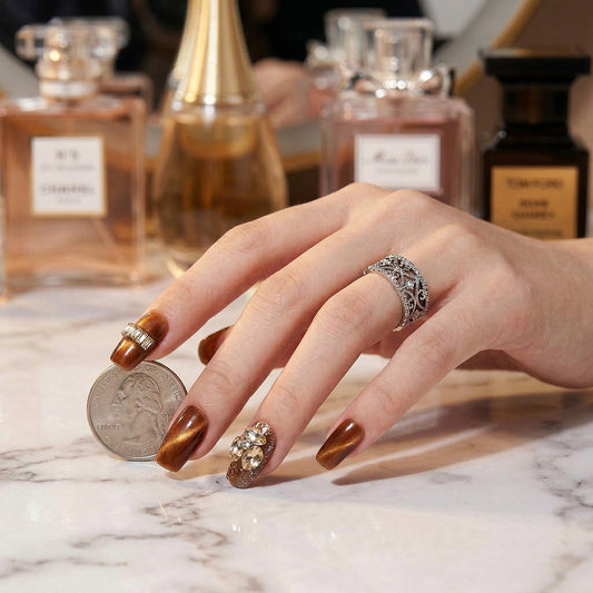 Amber Cat Eye – Quiet Luxury Amber Cat Eye Coffin Press-On Nails