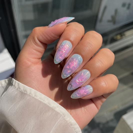 Celestial Drift – Iridescent 3D Stiletto Press-On Nails