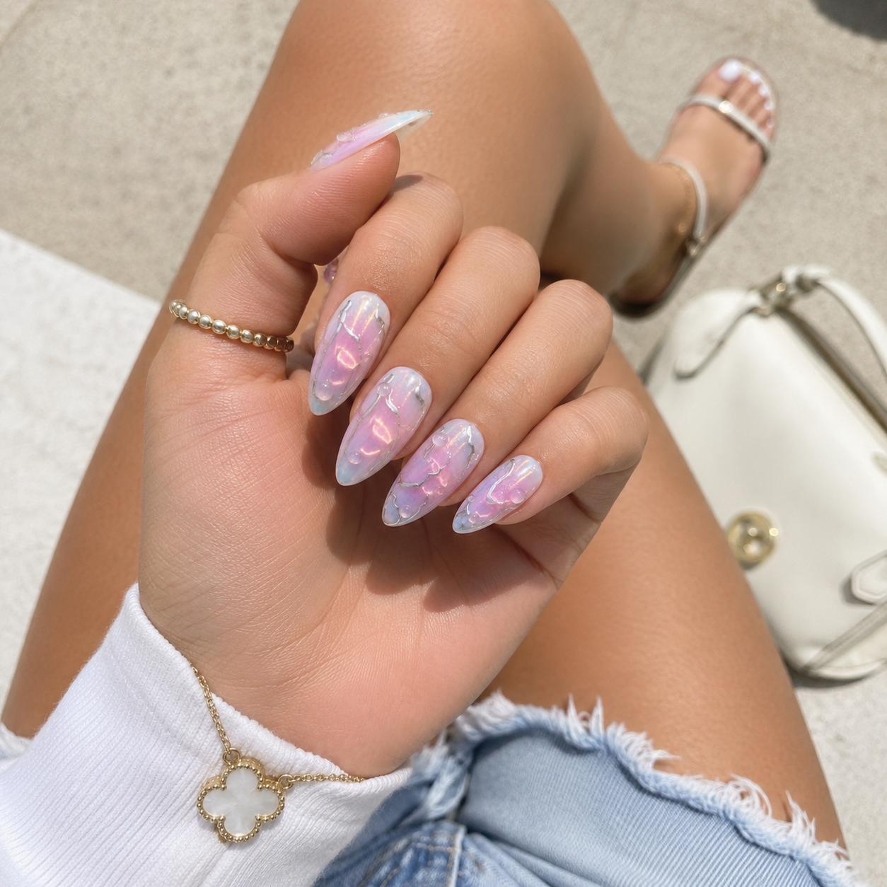 Celestial Drift – Iridescent 3D Stiletto Press-On Nails