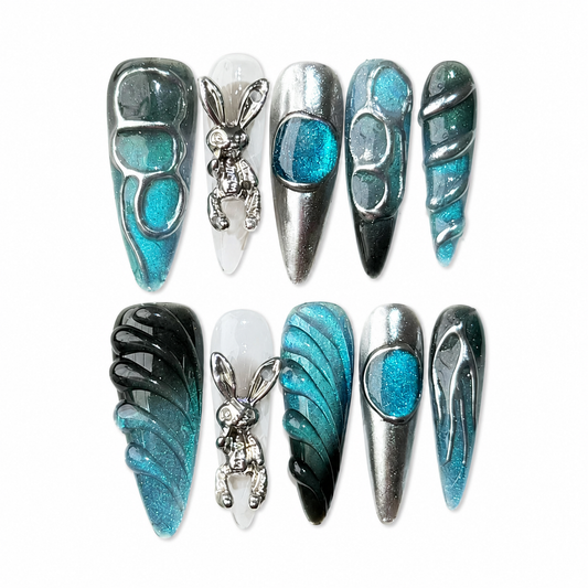 Cyber Bunny – Liquid Chrome Aqua Cat Eye Press-On Nails