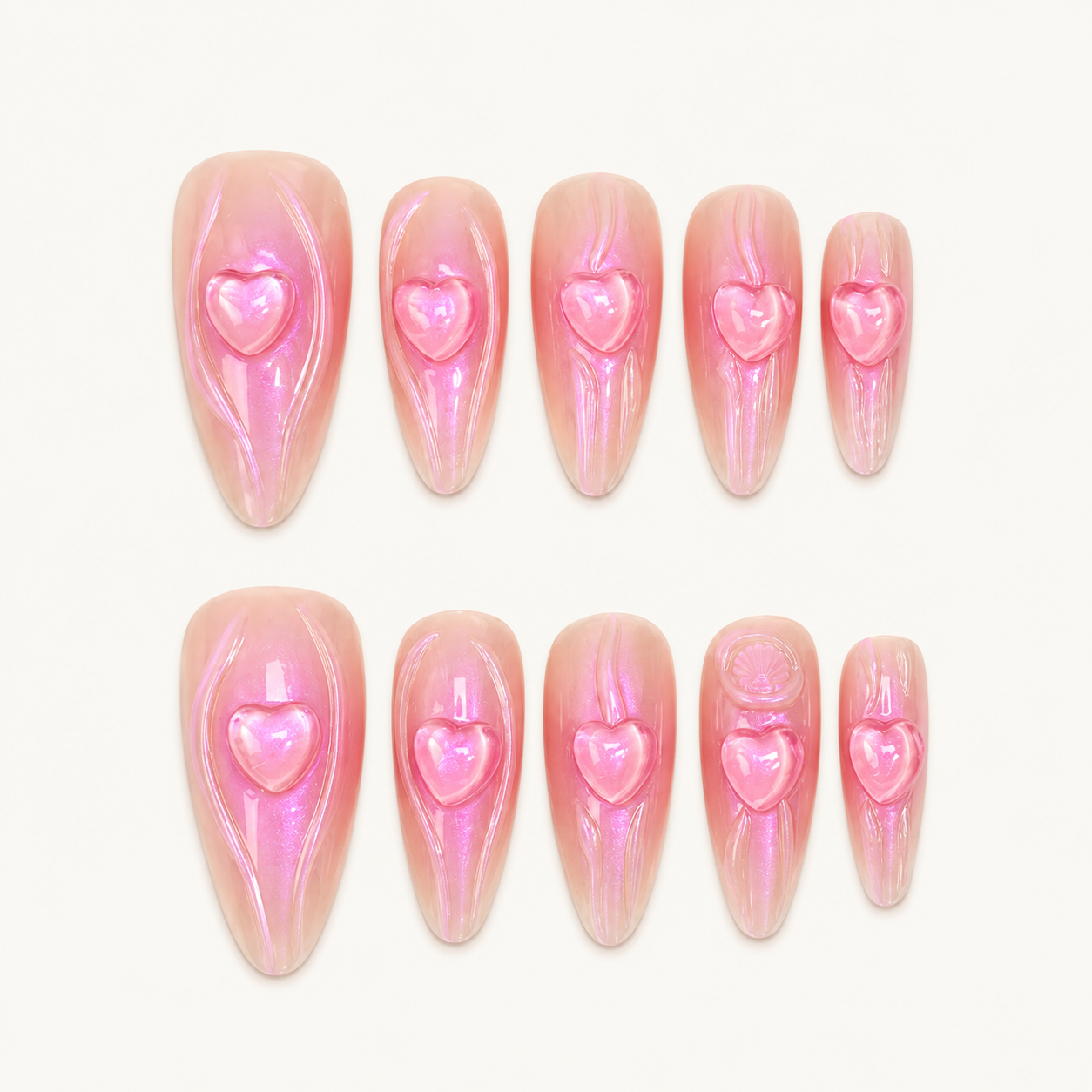 Doll Sugar – Soft Feminine Pink 3D Heart Almond Press-On Nails