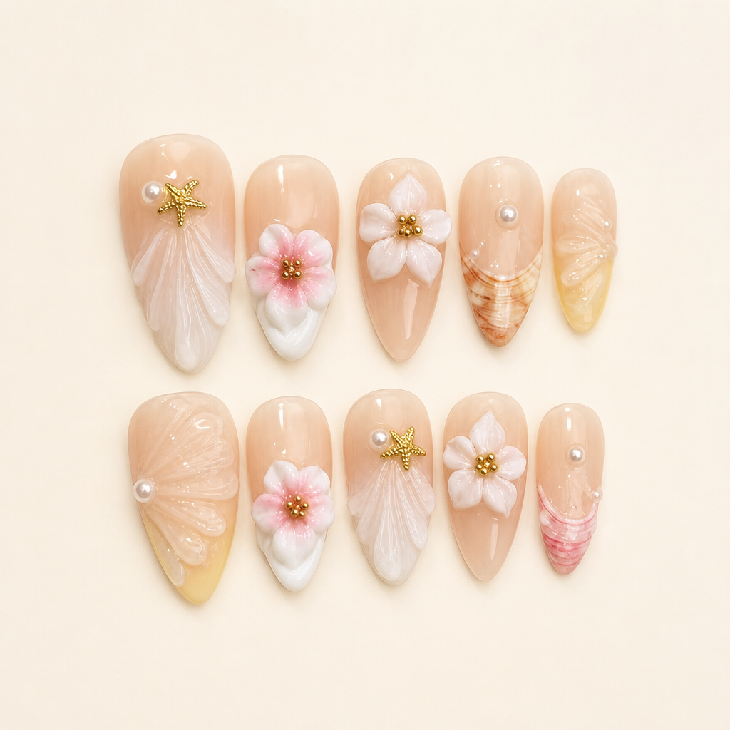 Peach Blossom – Soft Feminine 3D Floral Almond Press-On Nails