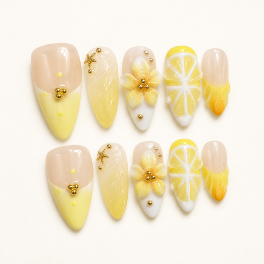Sunny Bloom – Soft Feminine Yellow Floral Almond Press-On Nails