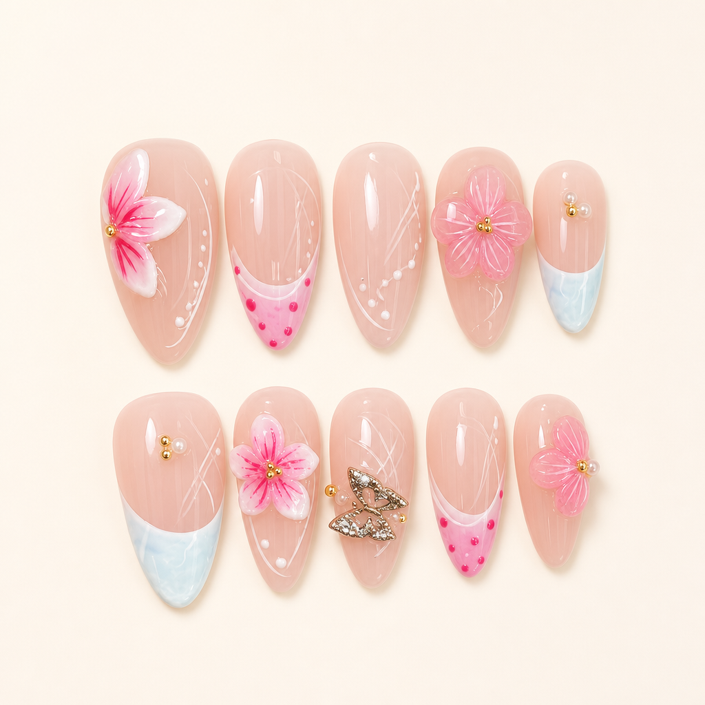 Floral Drift – Soft Feminine Pink Floral Almond Press-On Nails