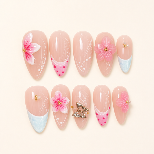 Floral Drift – Soft Feminine Pink Floral Almond Press-On Nails