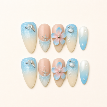Sky Blossom – Soft Feminine Blue & Peach 3D Floral Almond Press-On Nails