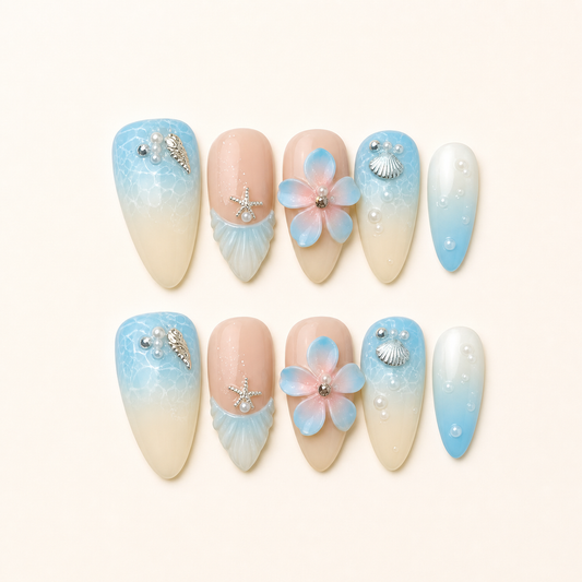 Sky Blossom – Soft Feminine Blue & Peach 3D Floral Almond Press-On Nails