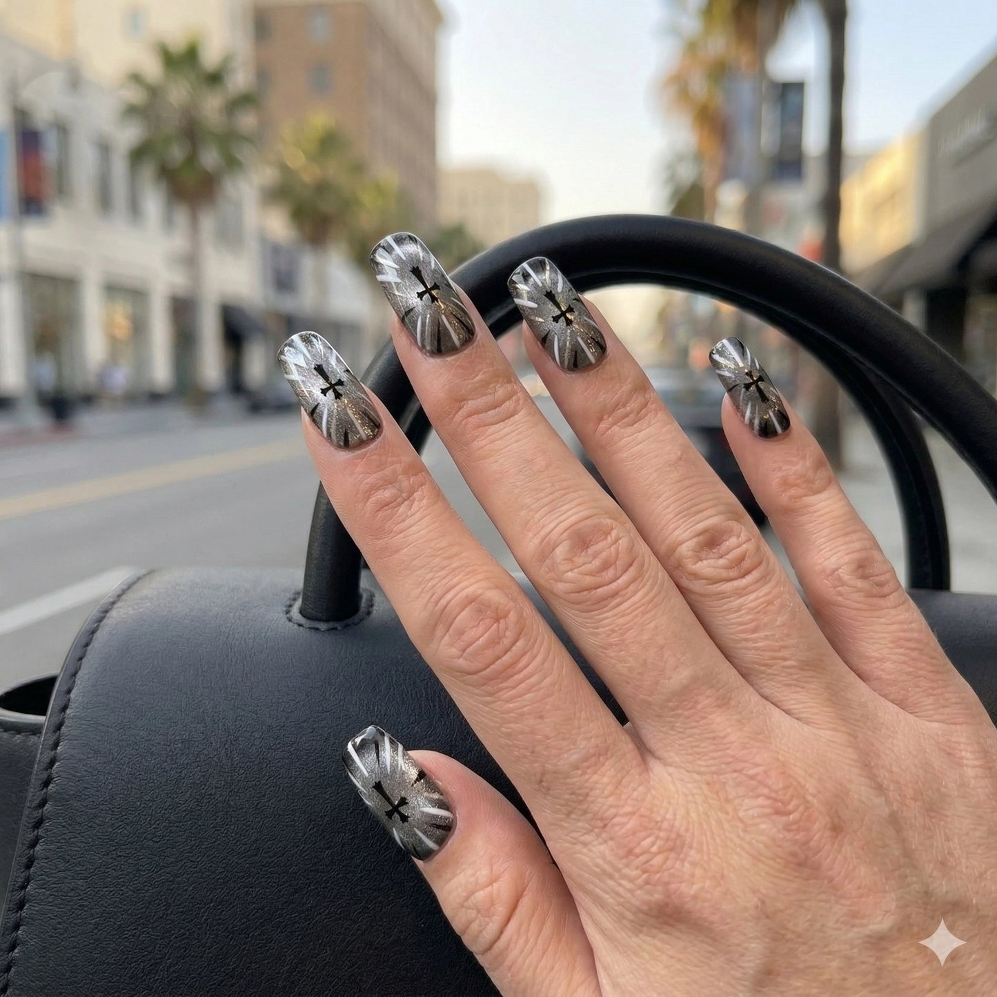 Sacred Eclipse – Gothic Cross Cat Eye Press-On Nails