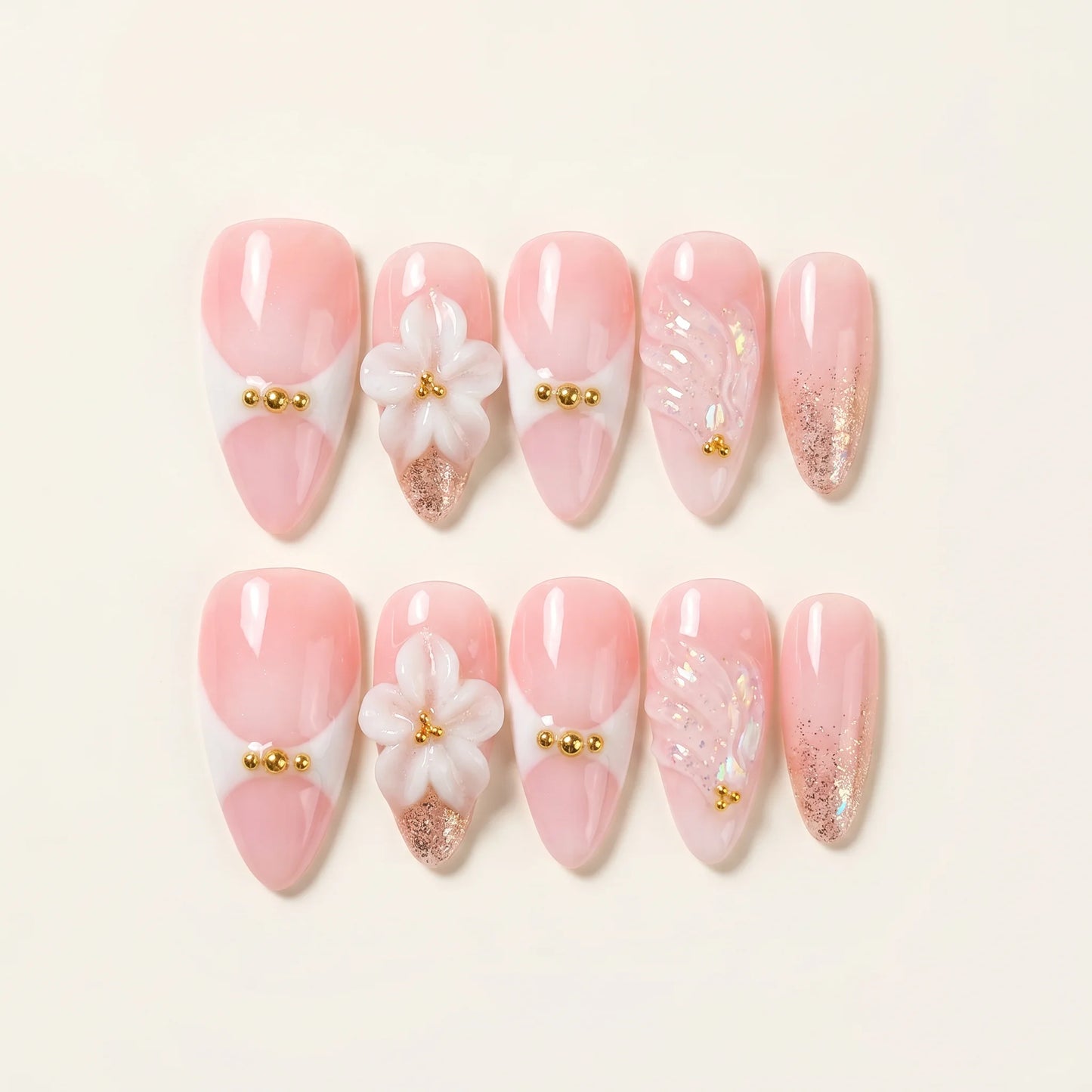 Celestial Glow – Soft Feminine Iridescent Shell Almond Press-On Nails