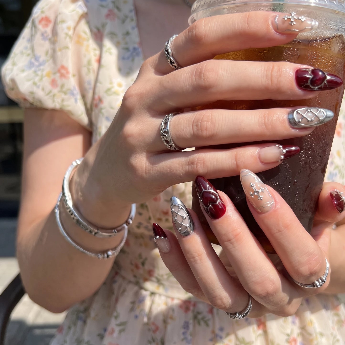 Gothic Heart – Dark Feminine Silver Cross Almond Press-On Nails