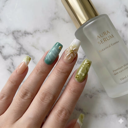 Emerald Petal – Sage Floral Press-On Nails