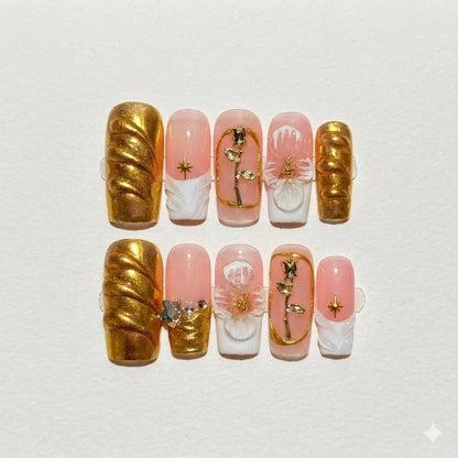 Gilded Rose – Gold Floral Press-On Nails