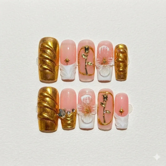Gilded Rose – Gold Floral Press-On Nails