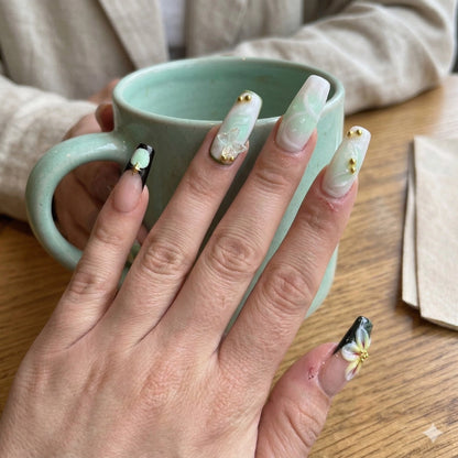 Mint Reverie – Soft Feminine Mint Floral Coffin Press-On Nails